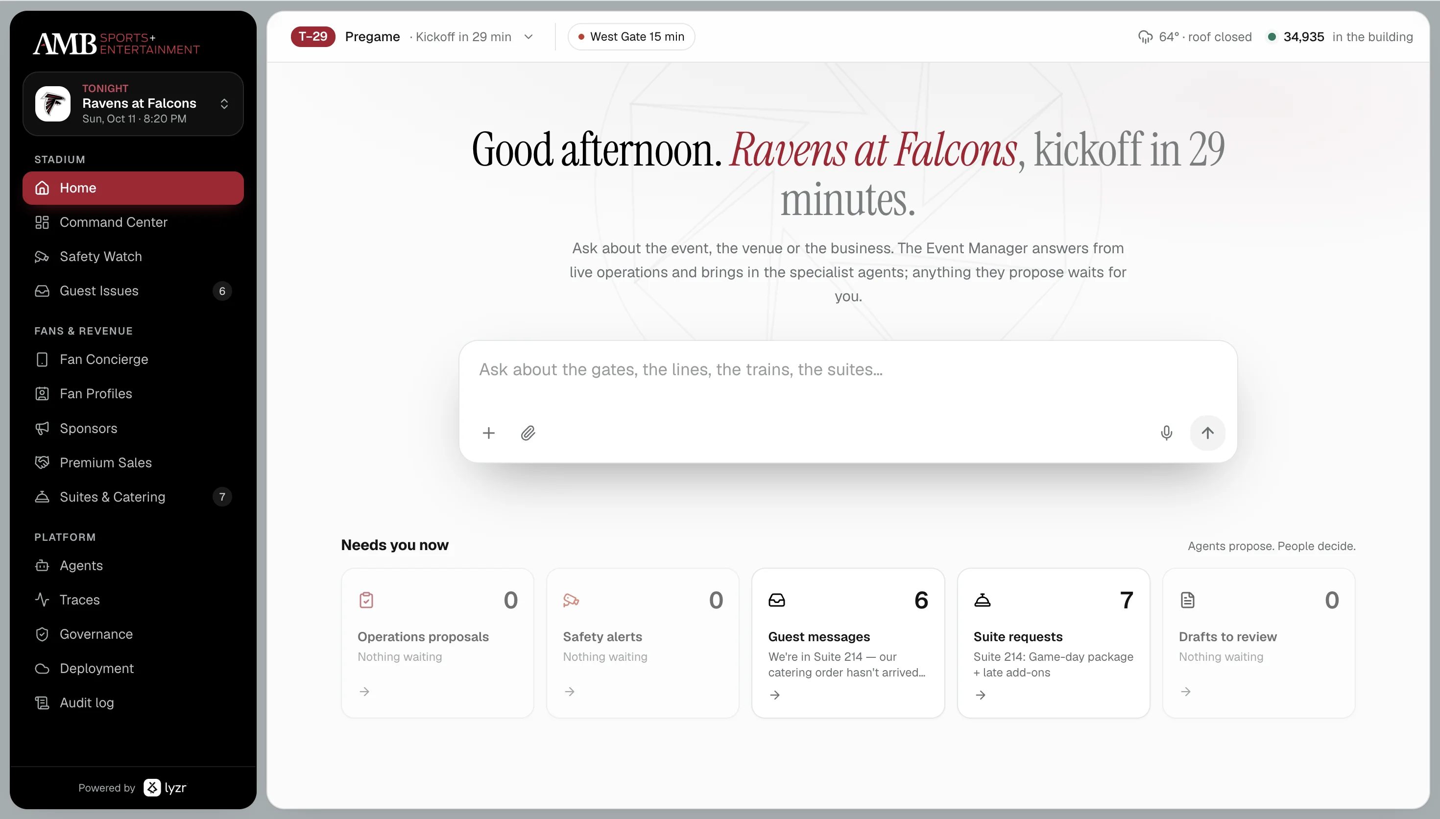 AI-Native Stadium Workbench home screen: live event bar, Ravens at Falcons event, ask box and the Needs you now queue